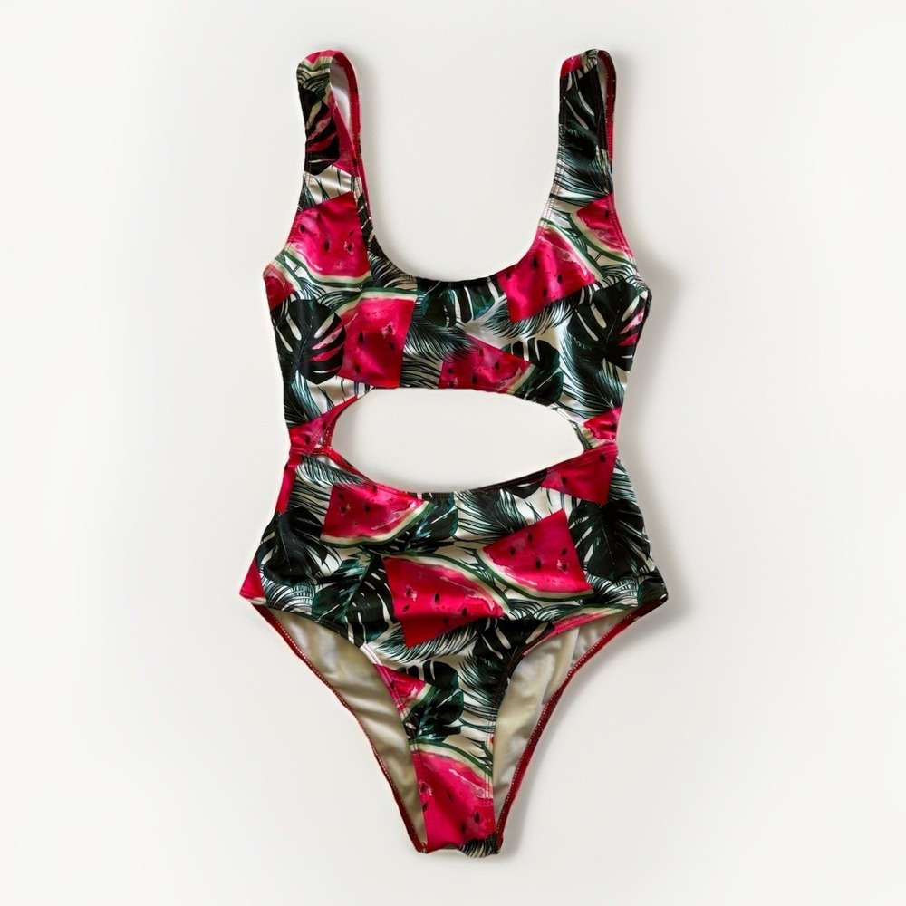 Zaful Watermelon Cutout Monokini One‎ Piece Swimsuit 6 Pink Green Tropical Beach